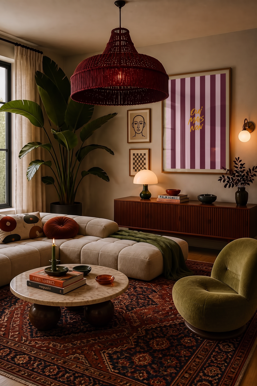 Salon chaleureux avec l’affiche WONE Oui Mais Non encadrée au mur